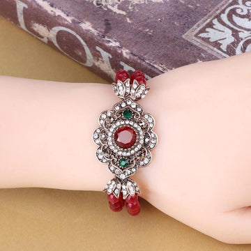 Boho Crystal Flower Fashion Antique Gold Red Natural Stone Bracelet - The Jewellery Supermarket